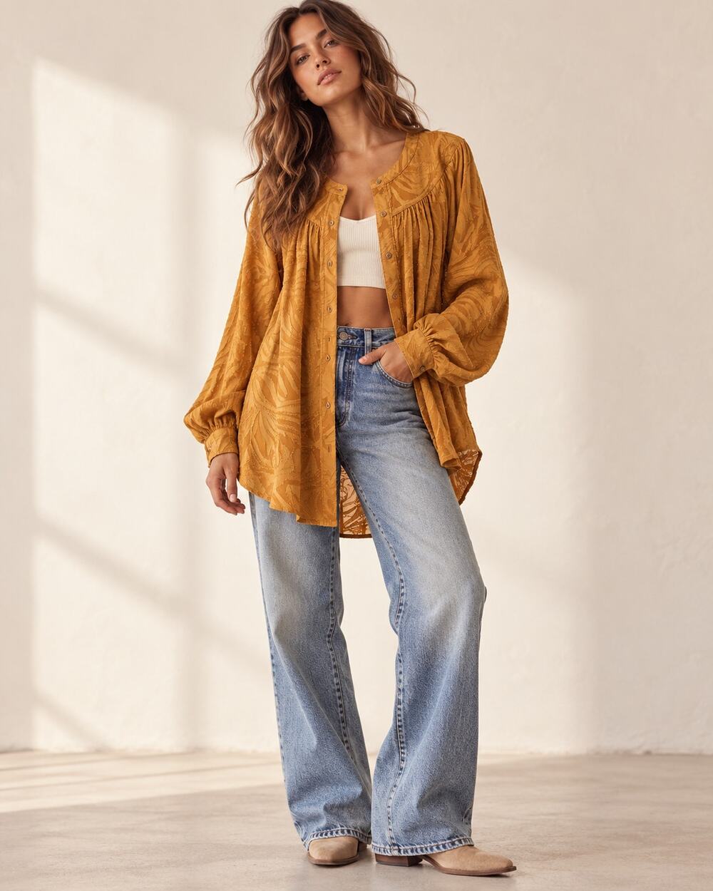 Free People Can't Stop Dreaming Mustard Gold Jacquard Tunic Top Boho Size Small